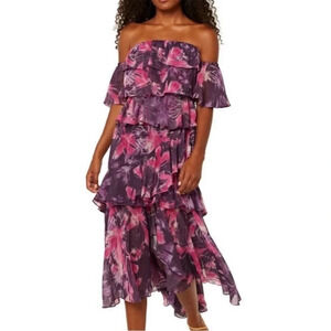 MISA Los‎ Angeles Dalia Purple Floral Off Shoulder Midi Dress